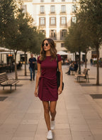 ZOFIA ATELIER burgundy short-sleeve cotton blend dress with a tie-knot detail and round neckline.