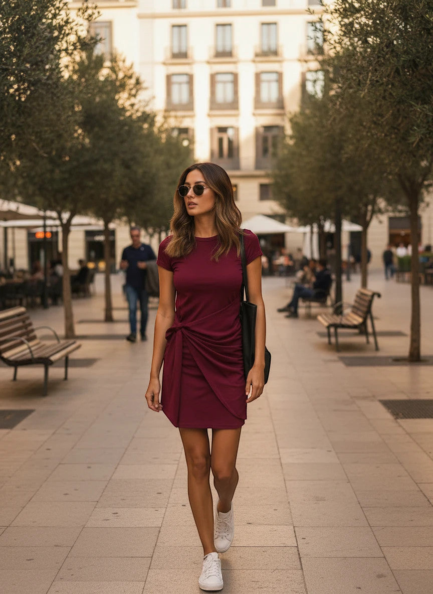 ZOFIA ATELIER burgundy short-sleeve cotton blend dress with a tie-knot detail and round neckline.
