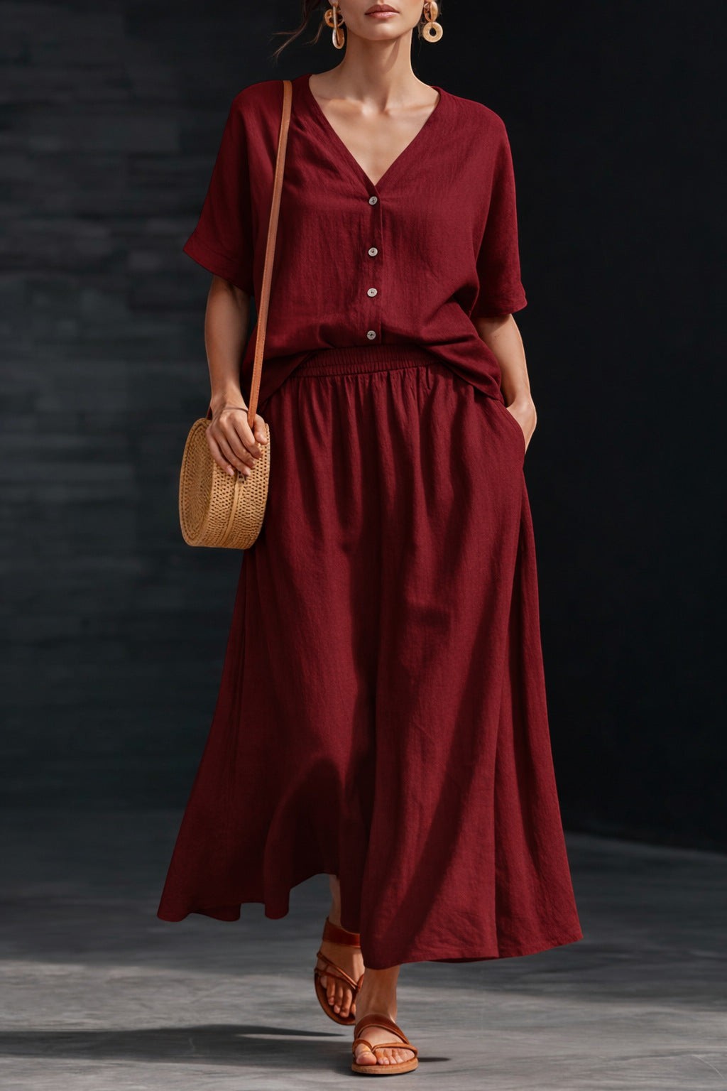 ZOFIA ATELIER burgundy linen V-neck short sleeve button-up top and elastic waist maxi skirt two-piece set.