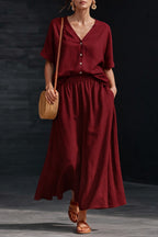 ZOFIA ATELIER burgundy linen V-neck short sleeve button-up top and elastic waist maxi skirt two-piece set.