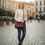 ZOFIA ATELIER burgundy PU leather crossbody bag with multiple pockets and braided detail, worn by a woman in jeans and a cream sweater.