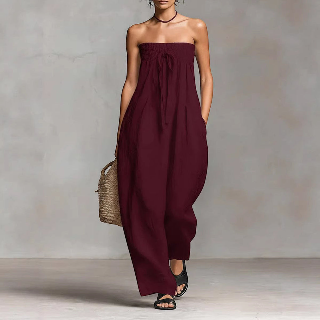 ZOFIA ATELIER burgundy ruched strapless polyester jumpsuit with drawstring and wide legs.