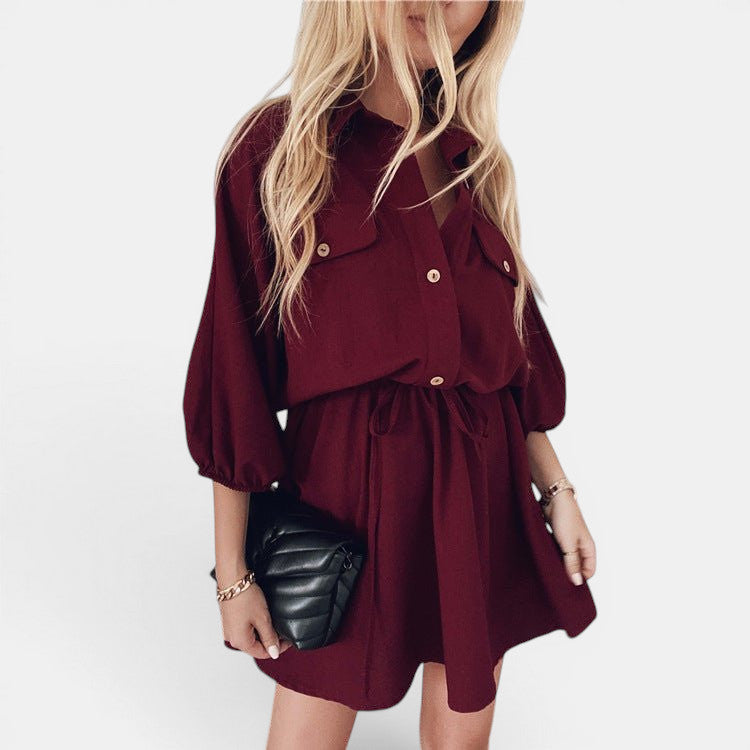 ZOFIA ATELIER burgundy shirt dress with elastic waist, three-quarter raglan sleeves, and button-up front.