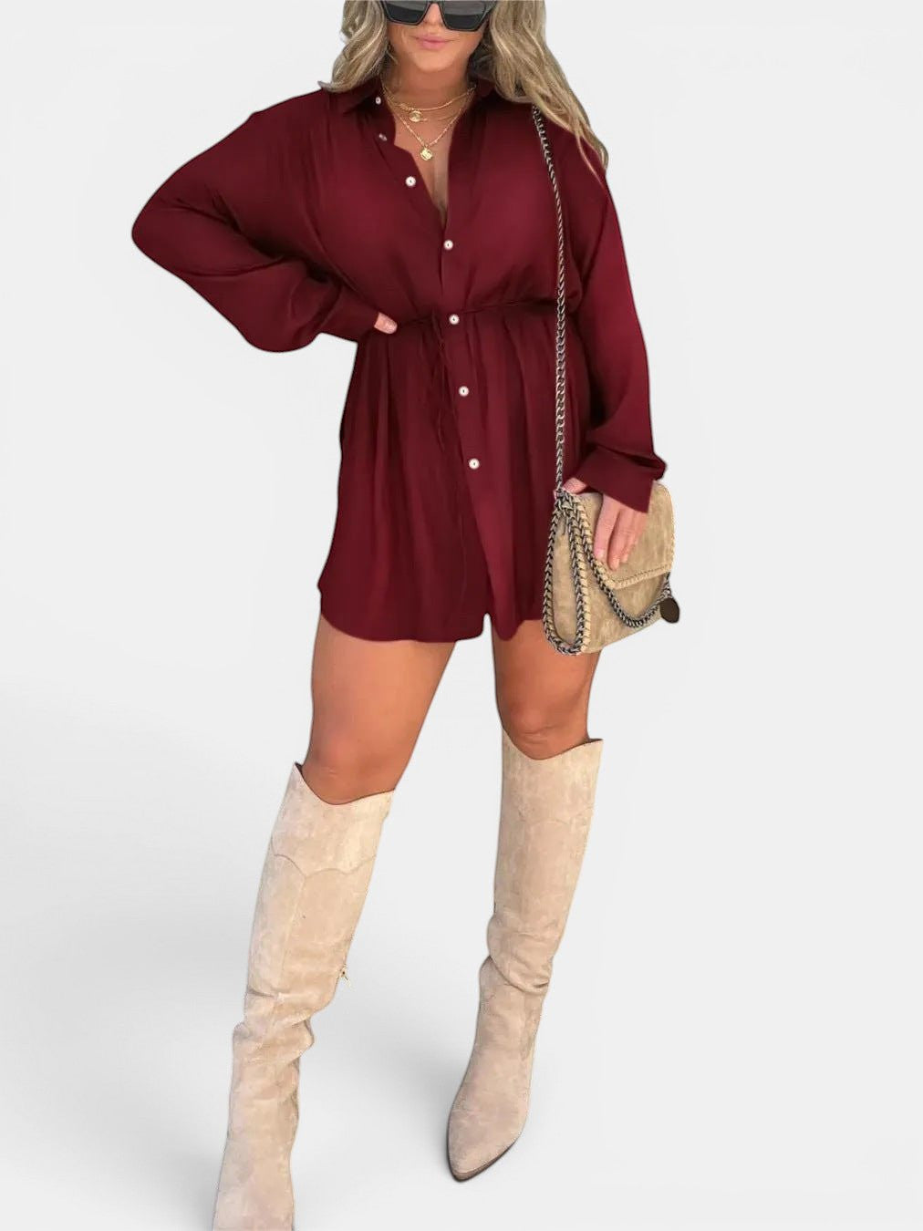ZOFIA ATELIER burgundy long sleeve button front shirt jumpsuit with lace-up waist detail and shorts
