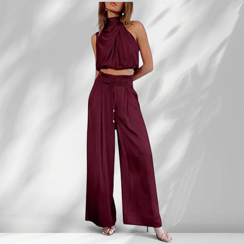 ZOFIA ATELIER burgundy sleeveless halter neck crop top with wide-leg trousers summer set made of regenerated cellulose fiber.