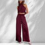 ZOFIA ATELIER burgundy sleeveless halter neck crop top with wide-leg trousers summer set made of regenerated cellulose fiber.