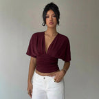 ZOFIA ATELIER deep V-neck short-sleeved burgundy polyester slim fit wrap t-shirt