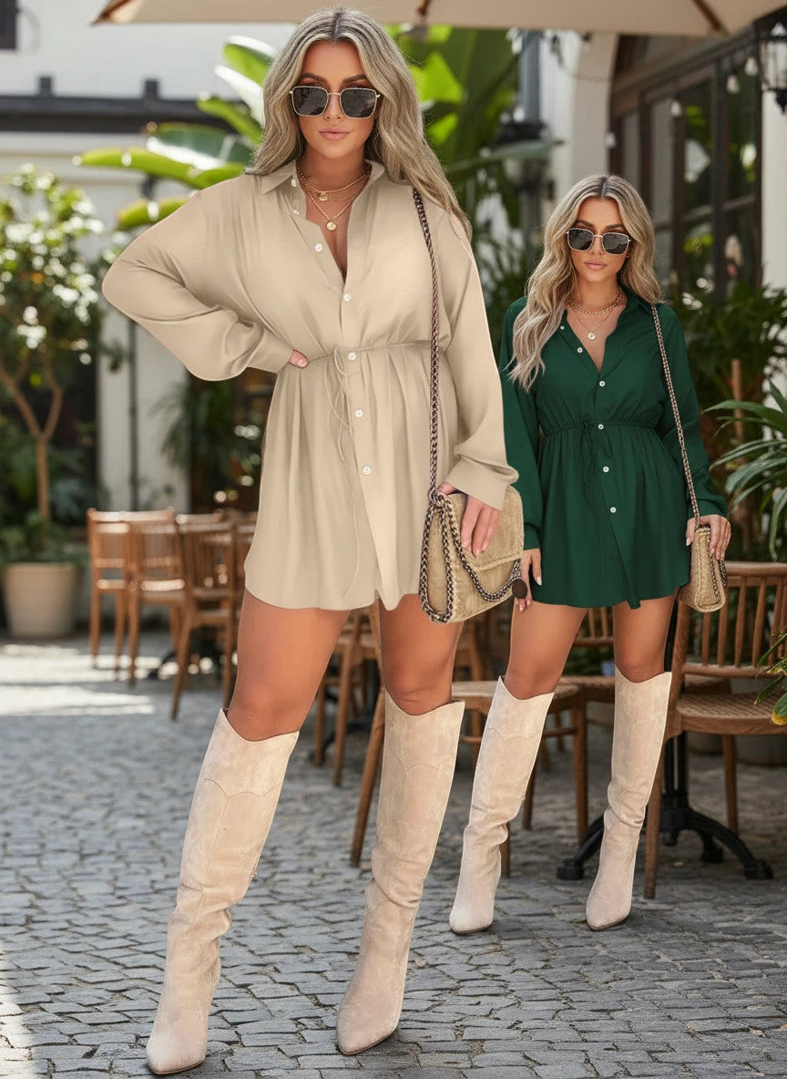 ZOFIA ATELIER beige button-front long-sleeve spandex jumpsuit with drawstring waist and lace-up detail.