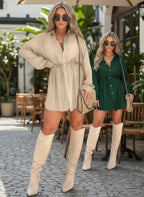 ZOFIA ATELIER beige button-front long-sleeve spandex jumpsuit with drawstring waist and lace-up detail.