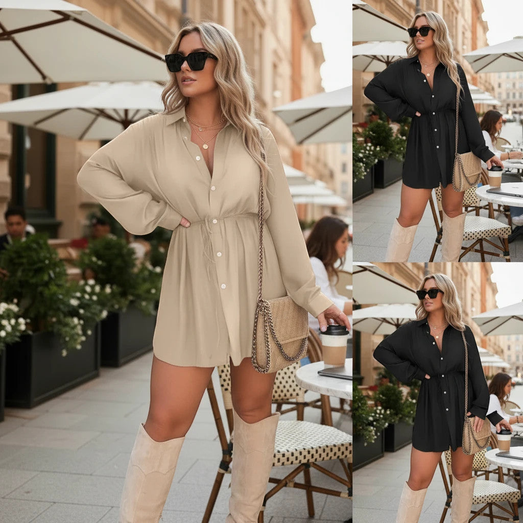 ZOFIA ATELIER beige long sleeve button front shirt jumpsuit with drawstring waist and shorts