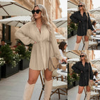 ZOFIA ATELIER beige long sleeve button front shirt jumpsuit with drawstring waist and shorts