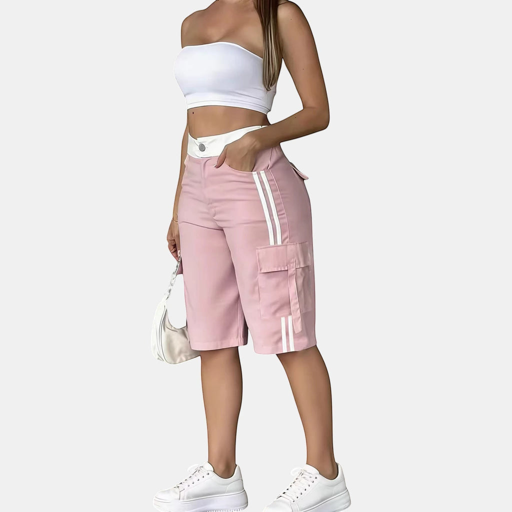 ZOFIA ATELIER calças cargo curtas rosa de cintura subida em poliéster com riscas brancas laterais e bolsos.