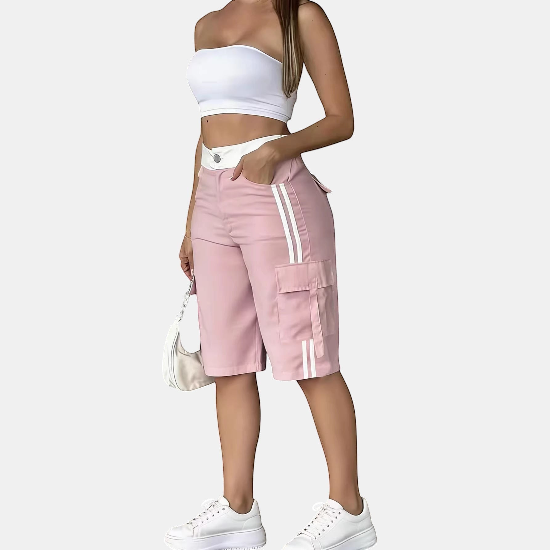 ZOFIA ATELIER calças cargo curtas rosa de cintura subida em poliéster com riscas brancas laterais e bolsos.