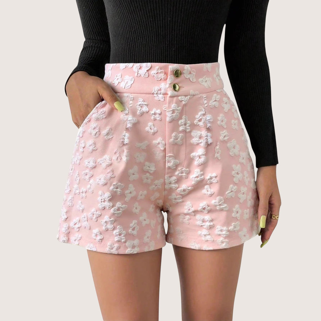 ZOFIA ATELIER calções curtos rosa com padrão floral em jacquard e cintura subida com botões.