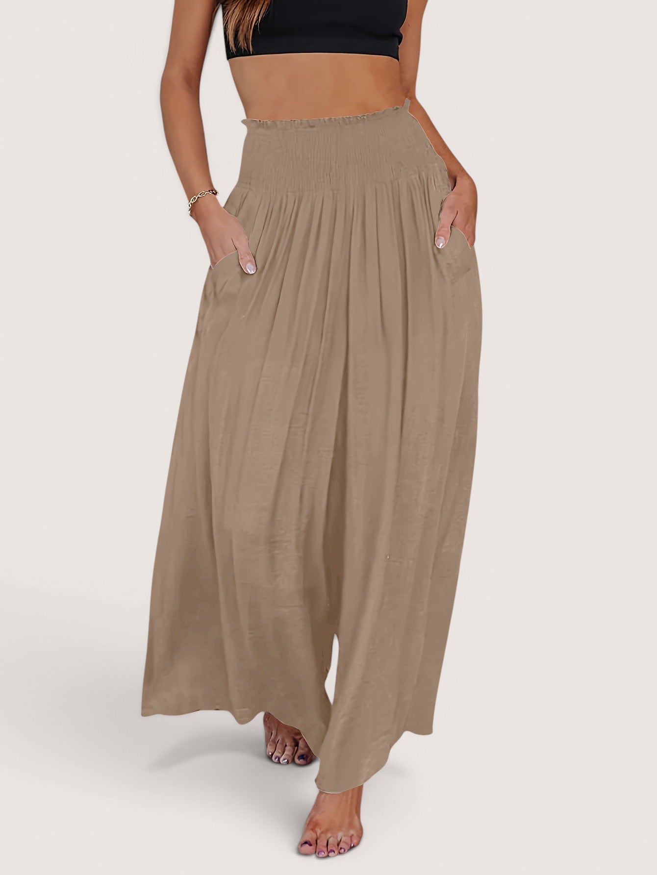 ZOFIA ATELIER camel polyester smocking waist wide leg trousers with pockets