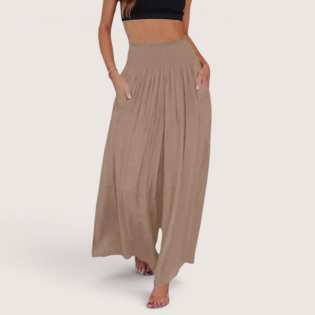 ZOFIA ATELIER camel polyester smocking detail wide leg trousers with pockets