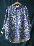 ZOFIA ATELIER camisa de manga comprida azul e branca com padrão floral e de pássaros, decote redondo, poliéster