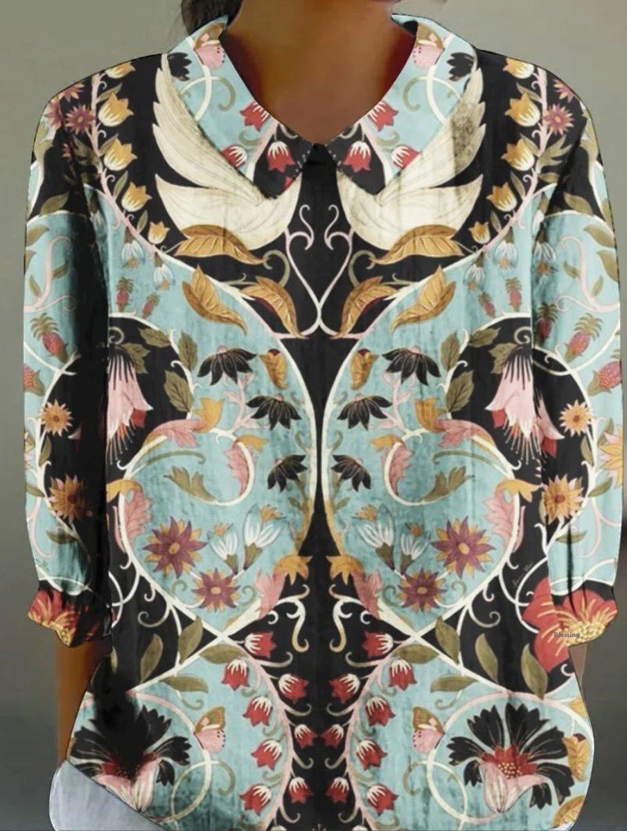 ZOFIA ATELIER camisa de poliéster com padrão floral intrincado e mangas 3/4, estilo artístico retrô.