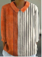 ZOFIA ATELIER camisa de linho com padrão floral em blocos de cor laranja e branco com riscas verticais e mangas 3/4.
