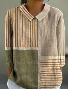 ZOFIA ATELIER camisa de linho bege e verde com padrão de riscas verticais e horizontais e detalhes florais
