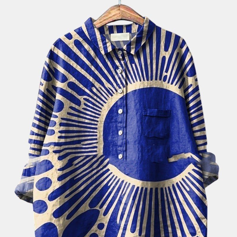 ZOFIA ATELIER blue and cream sunburst print spandex long sleeve shirt with collar and pocket