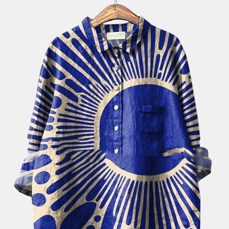 ZOFIA ATELIER blue and cream sunburst print spandex long sleeve shirt with collar and pocket