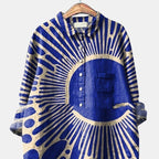 ZOFIA ATELIER blue and cream sunburst print spandex long sleeve shirt with collar and pocket