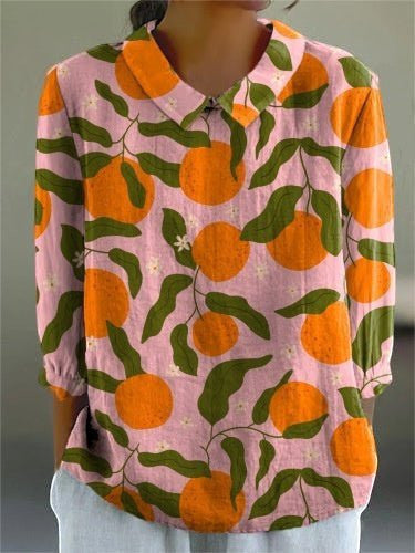 ZOFIA ATELIER camisola rosa com padrão de laranjas e folhas verdes, manga 3/4, colarinho.