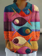 ZOFIA ATELIER camisola de manga 3/4 com padrão de peixe artístico em poliéster, com cores vibrantes e estilo retro.