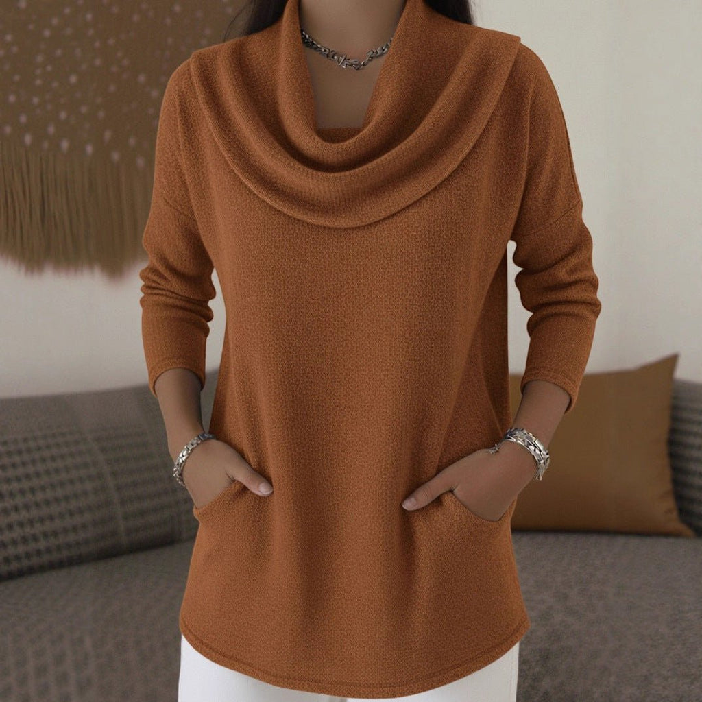 ZOFIA ATELIER caramel polyester long sleeve casual pullover top with cowl neck and front pockets.