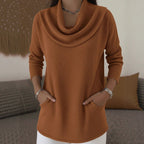 ZOFIA ATELIER caramel polyester long sleeve casual pullover top with cowl neck and front pockets.