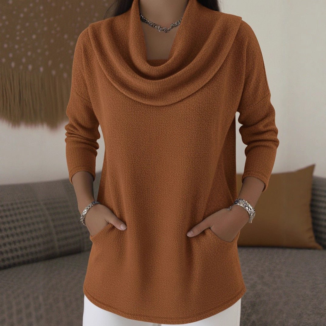 ZOFIA ATELIER caramel polyester long sleeve casual pullover top with cowl neck and front pockets.