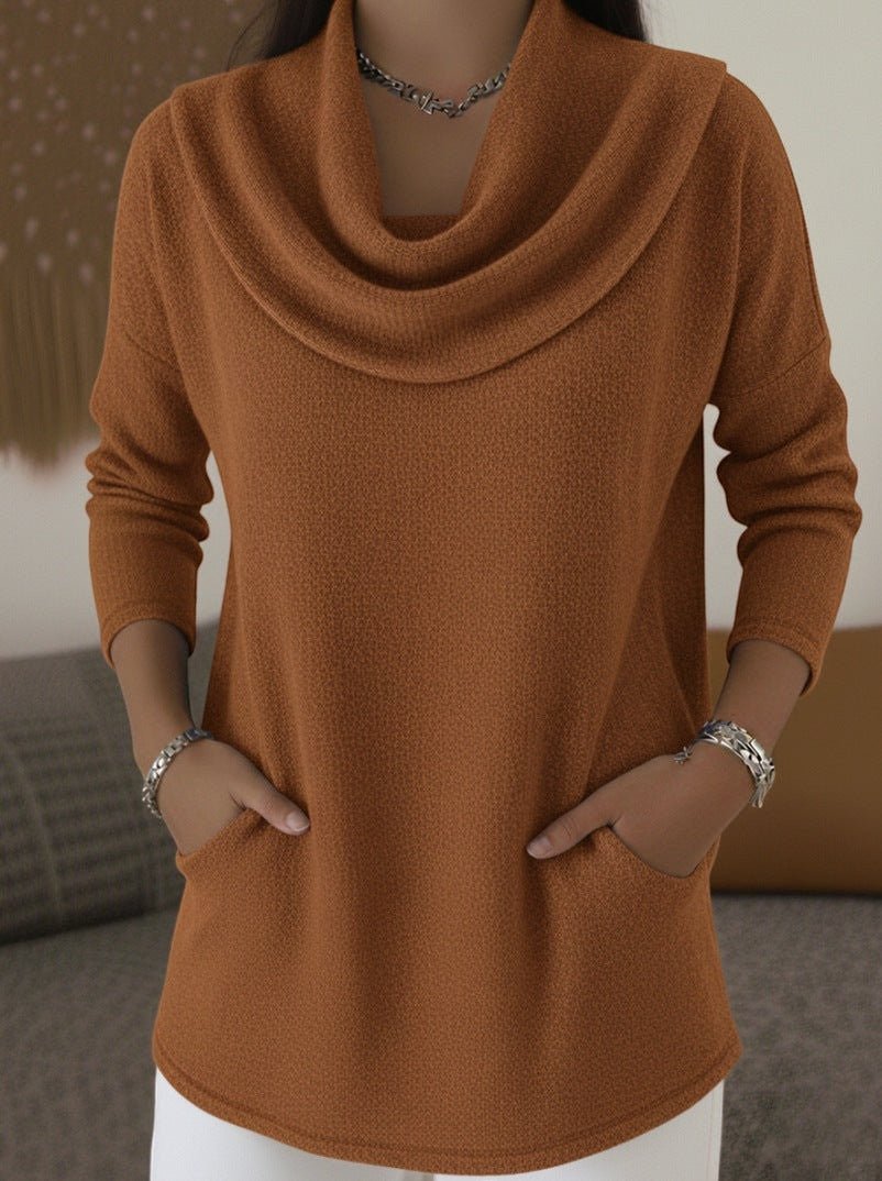 ZOFIA ATELIER ZDZISŁAWA casual caramel polyester pullover with cowl neck and front pockets.