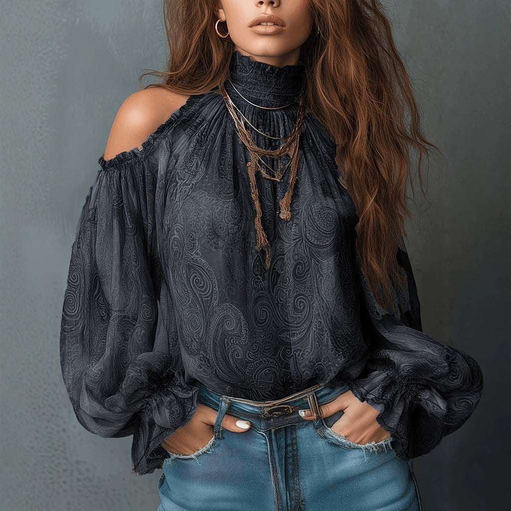 ZOFIA ATELIER dark grey chiffon blouse with retro cashew print, off-shoulder neckline, and lantern sleeves.