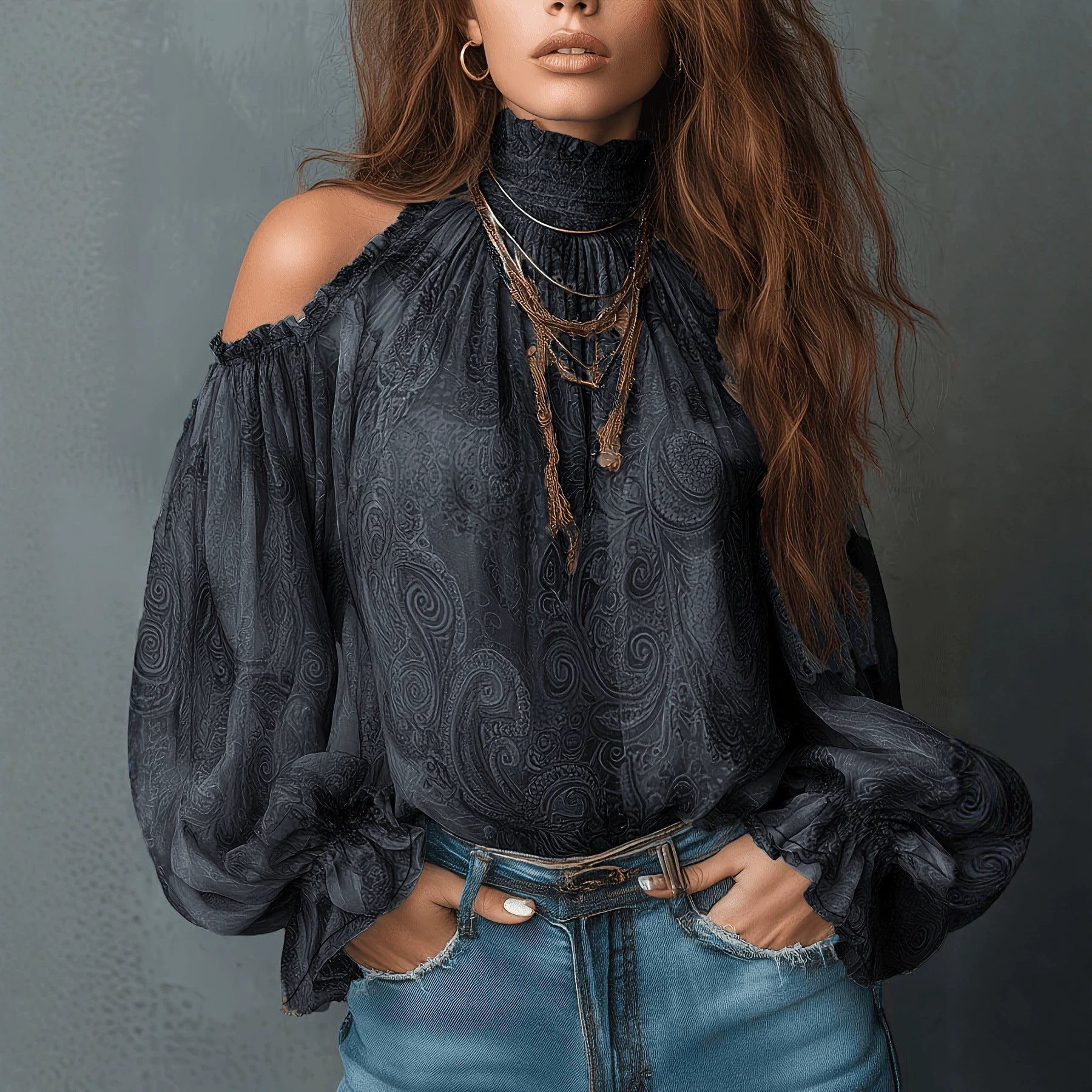 ZOFIA ATELIER dark grey chiffon blouse with retro cashew print, off-shoulder neckline, and lantern sleeves.
