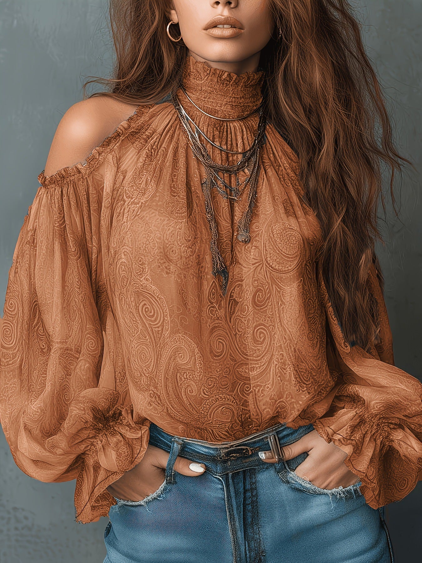 ZOFIA ATELIER rust orange chiffon blouse with cashew print, off-shoulder design, and lantern sleeves.