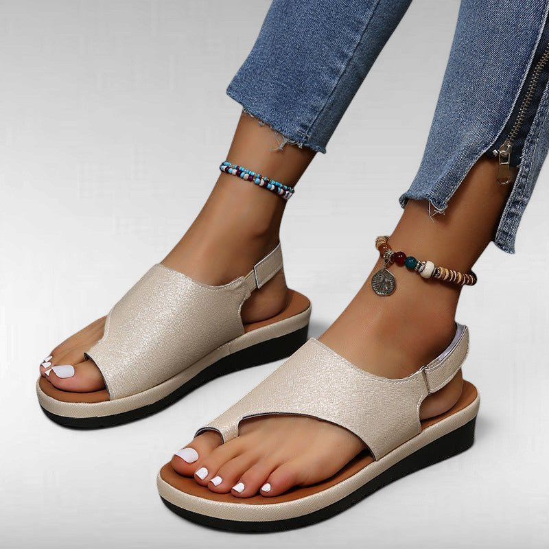 ZOFIA ATELIER champagne gold PU casual women's sandals with round toe and buckle closure.