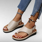 ZOFIA ATELIER champagne gold PU casual women's sandals with round toe and buckle closure.