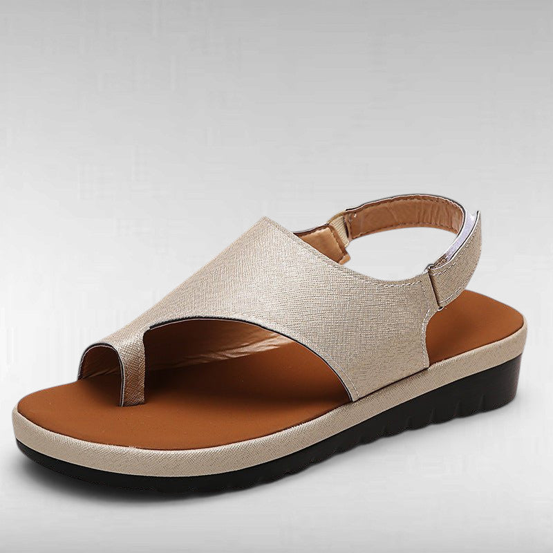 ZOFIA ATELIER champagne gold PU casual women's sandals with round toe and buckle closure.
