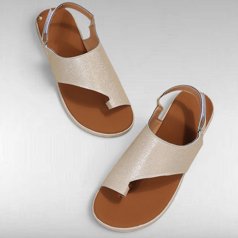 ZOFIA ATELIER champagne gold PU casual women's sandals with round toe and buckle closure.
