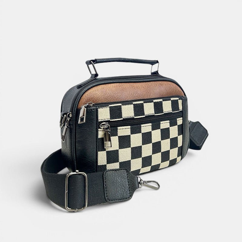 ZOFIA ATELIER black and cream chessboard crossbody handbag with PU leather accents and adjustable strap.