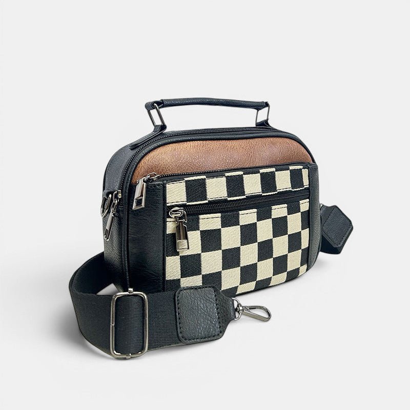 ZOFIA ATELIER black and brown PU leather handbag with a black and white chessboard pattern front panel and adjustable strap.