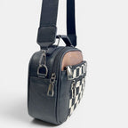 ZOFIA ATELIER black and brown PU leather handbag with a black and white chessboard pattern fabric accent and silver hardware.