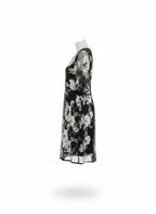 ZOFIA ATELIER black and white floral print chiffon A-line dress with high waist and flutter sleeves.