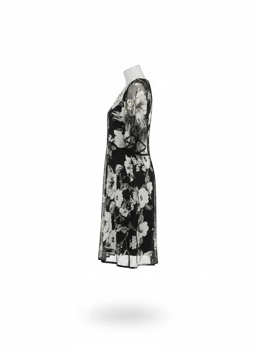 ZOFIA ATELIER black and white floral print chiffon A-line dress with high waist and flutter sleeves.