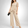 ZOFIA ATELIER Adelina chiffon patchwork set in beige, featuring a layered top with cutout sleeves and wide-leg pants.
