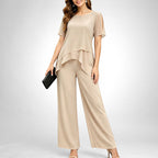 ZOFIA ATELIER Adelina chiffon patchwork set in beige, featuring a layered top with cutout sleeves and wide-leg pants.