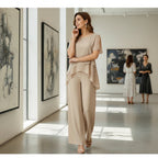 ZOFIA ATELIER Adelina Chiffon Patchwork Set in beige, featuring a layered tunic top with split sleeves and wide-leg pants.