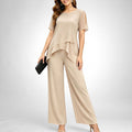 ZOFIA ATELIER Adelina chiffon patchwork set in beige, featuring a layered top with cutout sleeves and wide-leg pants.