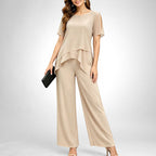 ZOFIA ATELIER Adelina chiffon patchwork set in beige, featuring a layered top with cutout sleeves and wide-leg pants.